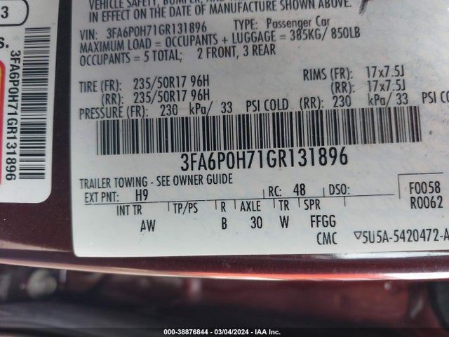 Ford FUSION SE 2016 3FA6P0H71GR131896 Image 9