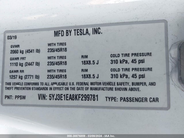 Tesla Model 3 Long Range/mid Range/standard Range/standard Range Plus 2019 5YJ3E1EA8KF299781 Image 9