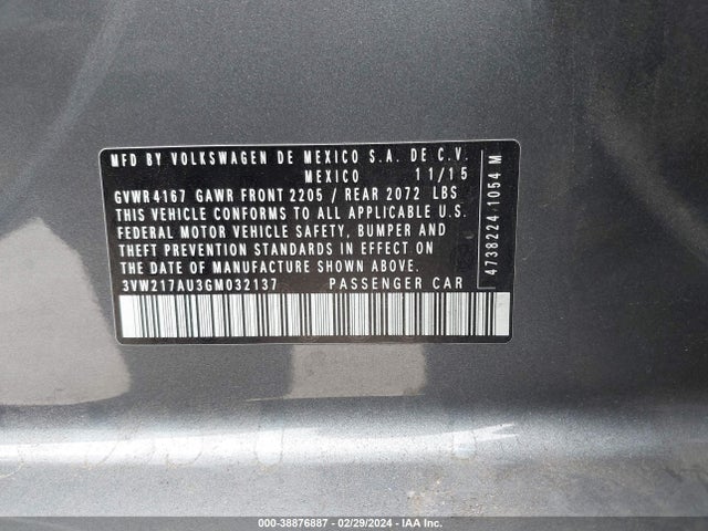 3VW217AU3GM032137 Volkswagen Golf Tsi S 4-door