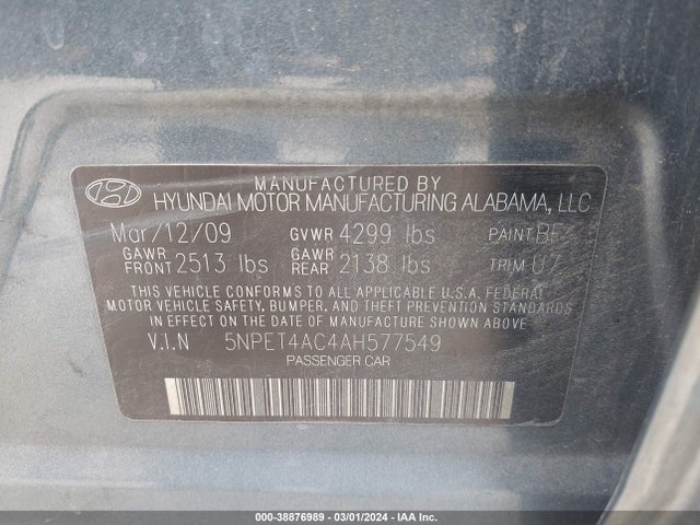 2010 HYUNDAI SONATA GLS VIN: 5NPET4AC4AH577549