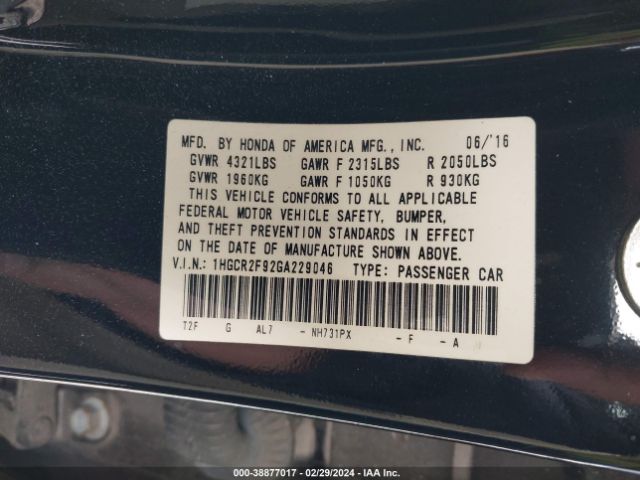 1HGCR2F92GA229046 Honda Accord Ex-l