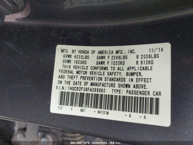 Honda ACCORD LX 2015 1HGCR2F36FA069960 Image 9
