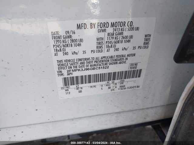 Ford EDGE SEL 2016 2FMPK3J96GBC51522 Image 9