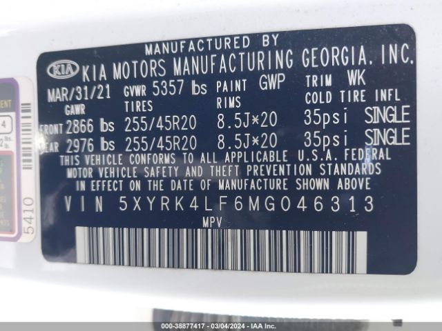 5XYRK4LF6MG046313 KIA Sorento Sx Prestige