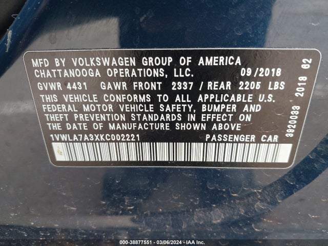 1VWLA7A3XKC002221 Volkswagen Passat 2.0t Wolfsburg Edition