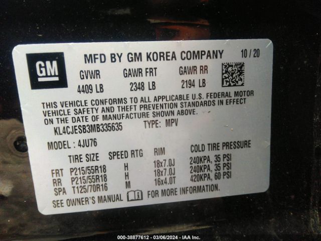 KL4CJESB3MB335635 Buick Encore Awd Preferred