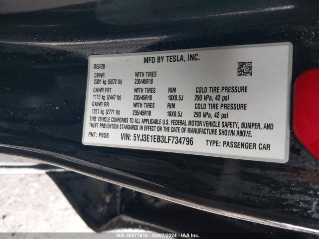 Tesla Model 3 Long Range Dual Motor All-wheel Drive 2020 5YJ3E1EB3LF734796 Image 9