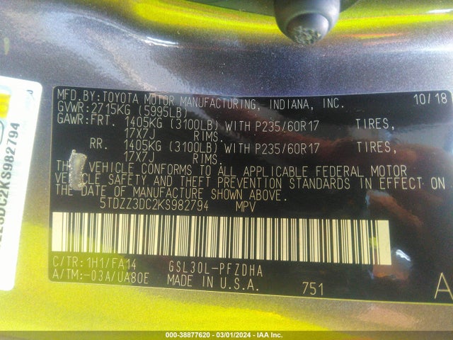 Toyota Sienna L 7 Passenger 2019 5TDZZ3DC2KS982794 Image 9