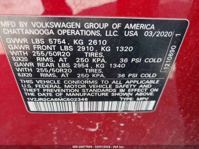 1V2JR2CA6MC502346 Volkswagen Atlas 3.6l V6 Se W/technology