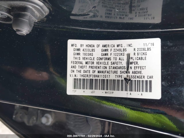 Honda ACCORD LX 2017 1HGCR2F39HA113517 Image 9