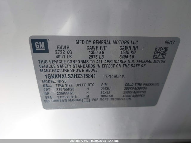 1GKKNXLS3HZ315841 GMC Acadia Denali