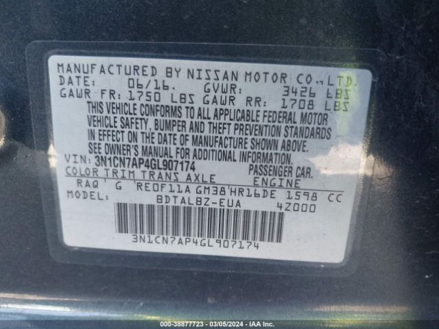 3N1CN7AP4GL907174 Nissan Versa 1.6 S/1.6 S+/1.6 Sl/1.6 Sv