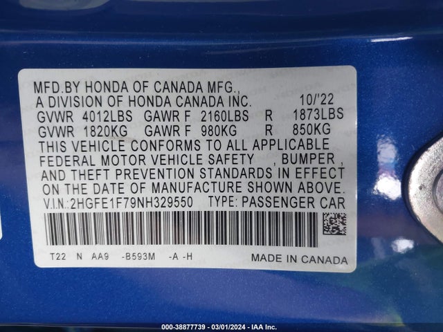 Honda CIVIC EX 2022 2HGFE1F79NH329550 Image 9