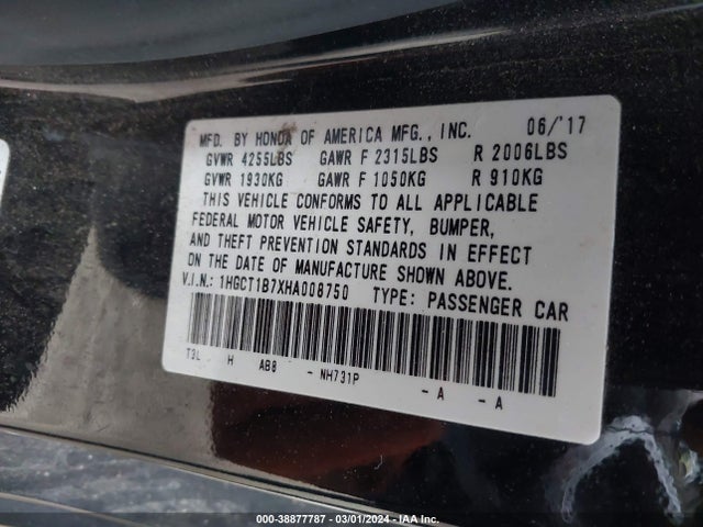 Honda ACCORD EX 2017 1HGCT1B7XHA008750 Image 9