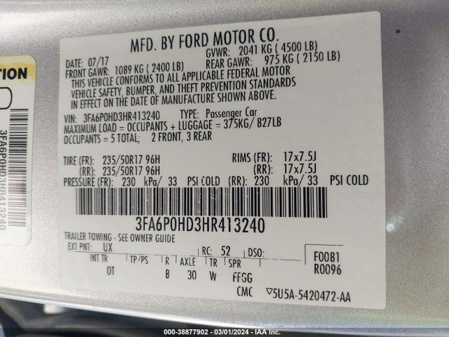 Ford FUSION SE 2017 3FA6P0HD3HR413240 Image 9