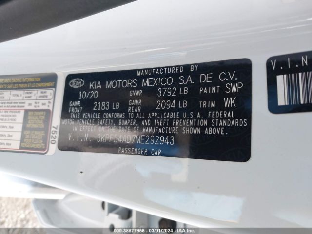 3KPF54AD7ME292943 KIA FORTE EX