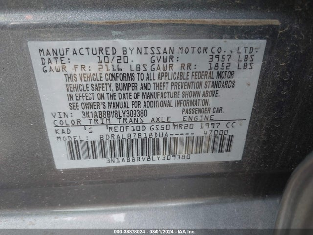 Nissan Sentra S Xtronic Cvt 2020 3N1AB8BV8LY309380 Image 9