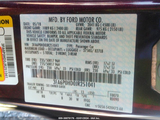 Ford FUSION SE 2018 3FA6P0HD0JR251041 Image 9