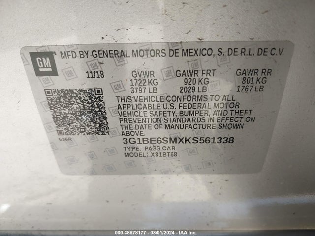 Chevrolet CRUZE LT 2019 3G1BE6SMXKS561338 Image 9