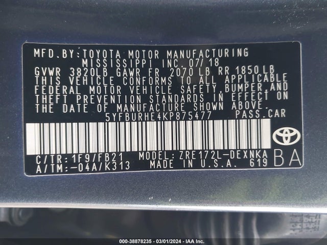 Toyota COROLLA LE 2019 5YFBURHE4KP875477 Image 9