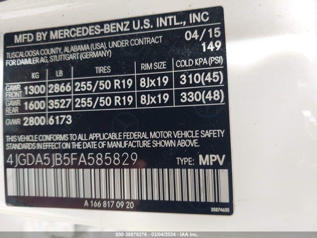4JGDA5JB5FA585829 Mercedes-Benz ML 350