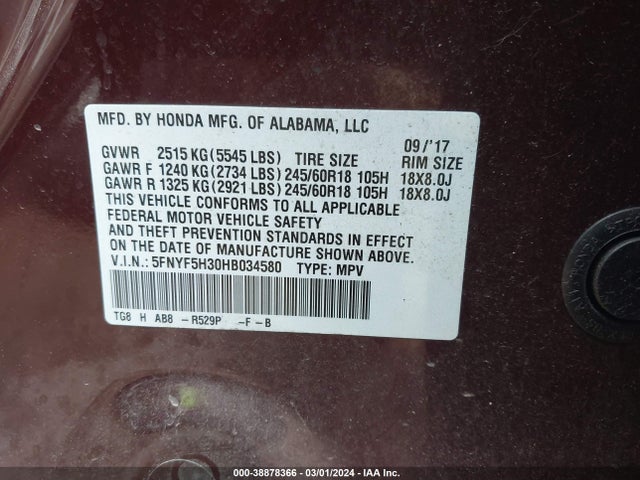 Honda Pilot Ex 2017 5FNYF5H30HB034580 Image 9