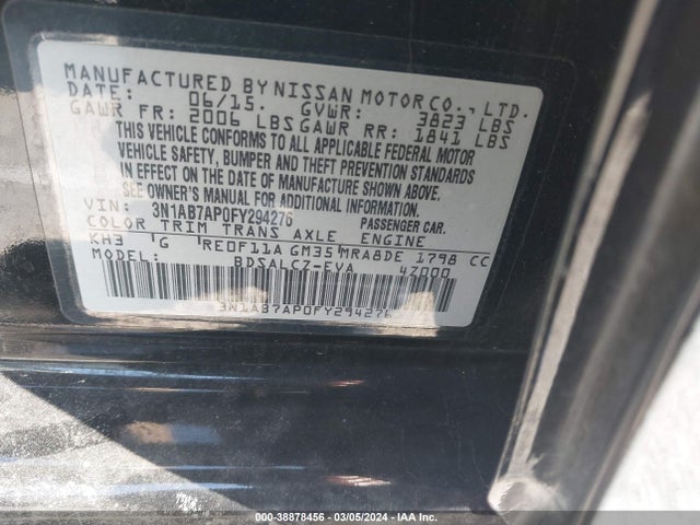 2015 NISSAN SENTRA S VIN: 3N1AB7AP0FY294276