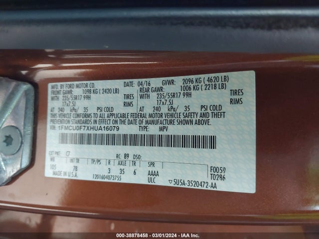 Ford ESCAPE S 2017 1FMCU0F7XHUA16079 Image 9