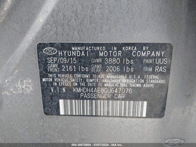 2016 HYUNDAI ELANTRA SE VIN: KMHDH4AE8GU647076