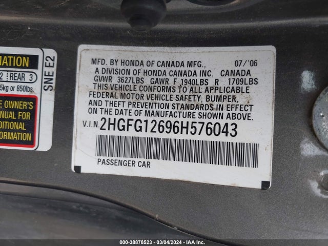 2006 HONDA CIVIC LX VIN: 2HGFG12696H576043