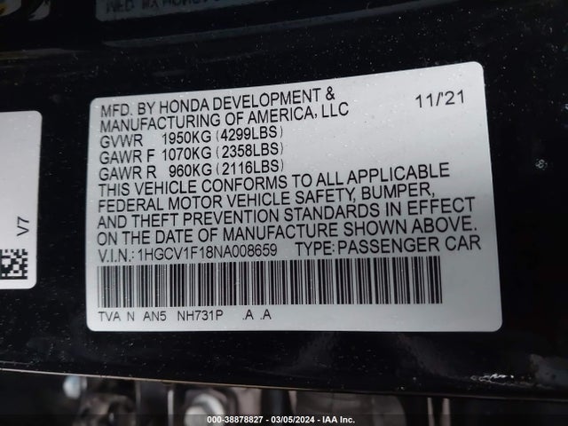 Honda ACCORD LX 2022 1HGCV1F18NA008659 Image 9