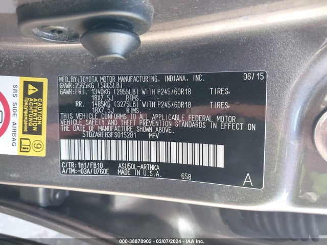 Toyota Highlander Le 2015 5TDZARFH3FS015281 Image 9