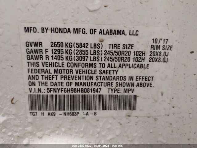 5FNYF6H98HB081947 Honda Pilot Touring