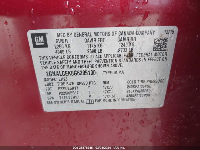 Chevrolet EQUINOX LT 2016 2GNALCEK8G6205100 Image 9