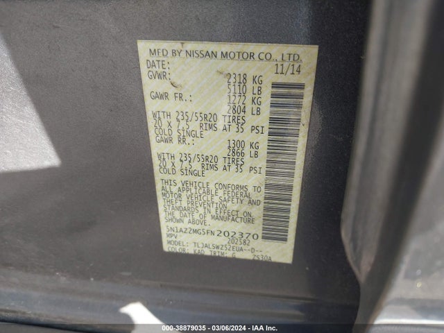 Nissan Murano Platinum 2015 5N1AZ2MG5FN202370 Image 9