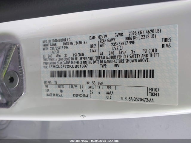 Ford ESCAPE S 2019 1FMCU0F7XKUB01897 Image 9
