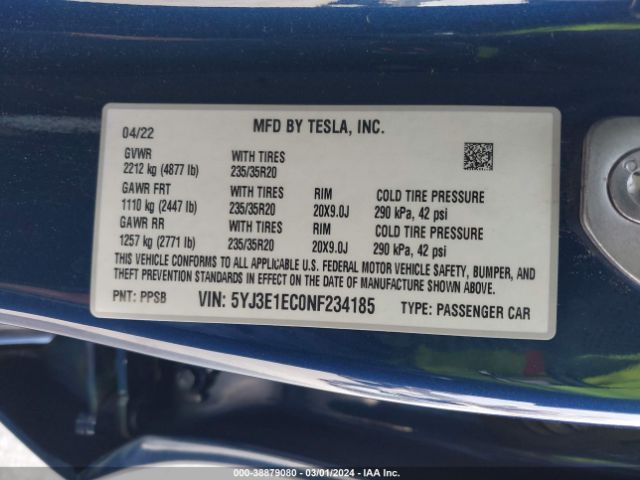 5YJ3E1EC0NF234185 Tesla Model 3 Performance Dual Motor All-wheel Drive