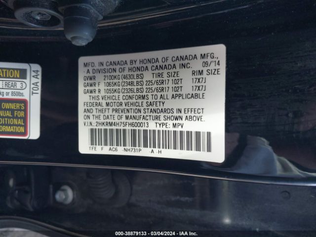 2HKRM4H75FH600013 Honda Cr-v Ex-l