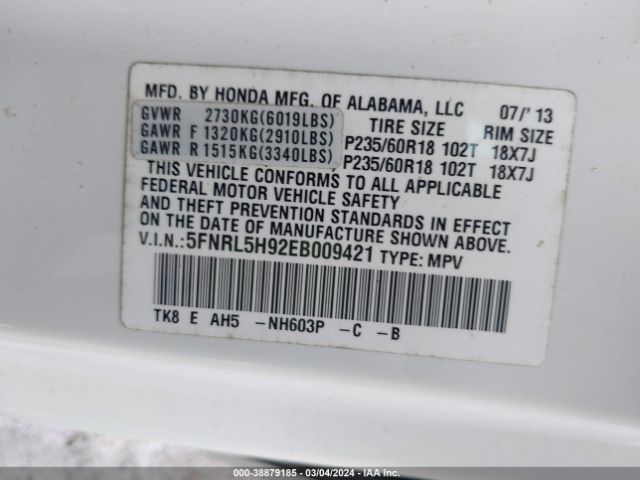 5FNRL5H92EB009421 Honda Odyssey Touring/touring Elite