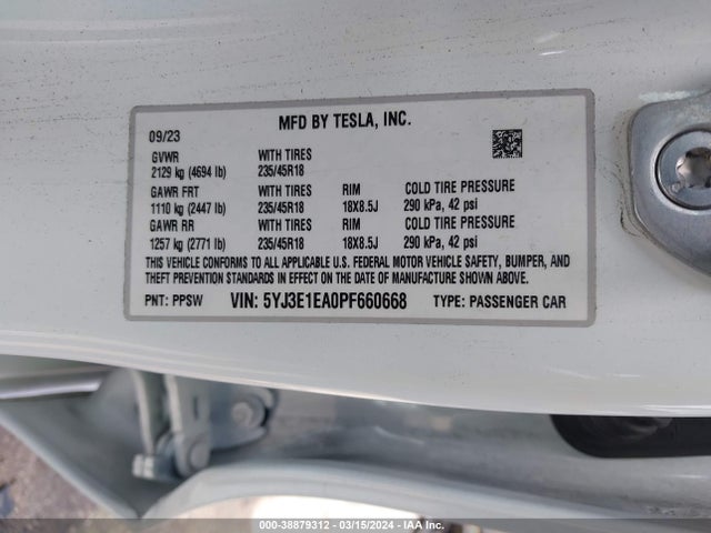 Tesla Model 3 Rear-wheel Drive 2023 5YJ3E1EA0PF660668 Image 9