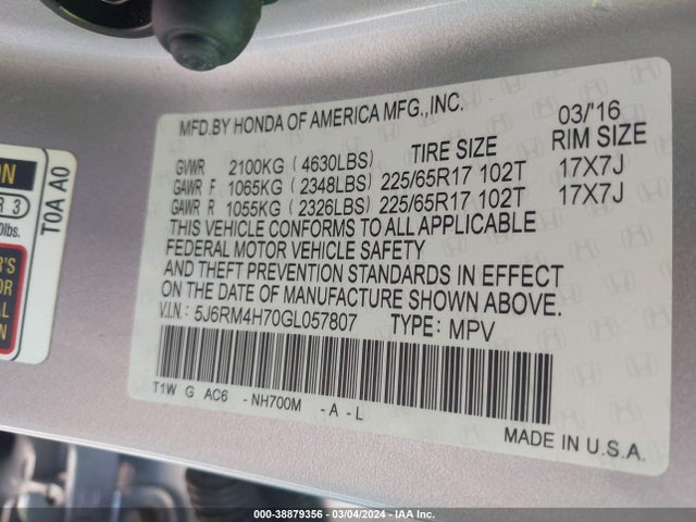 Honda Cr-v Ex-l 2016 5J6RM4H70GL057807 Image 9