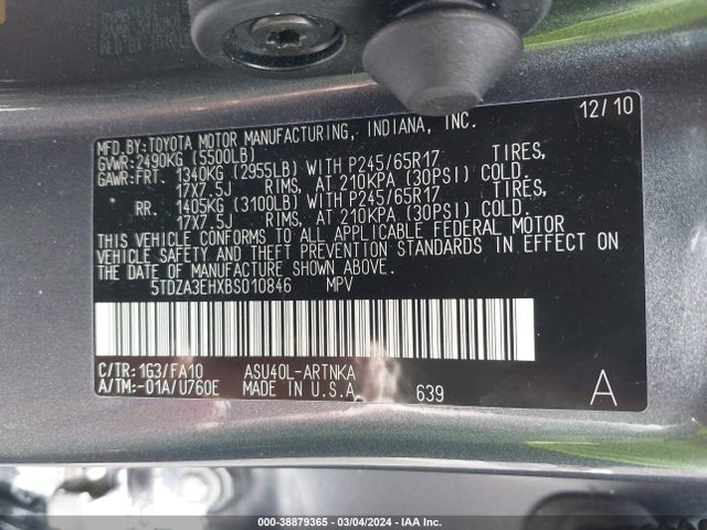 38879365 :رقم المزاد ، 5TDZA3EHXBS010846 vin ، 2011 Toyota Highlander مزاد بيع