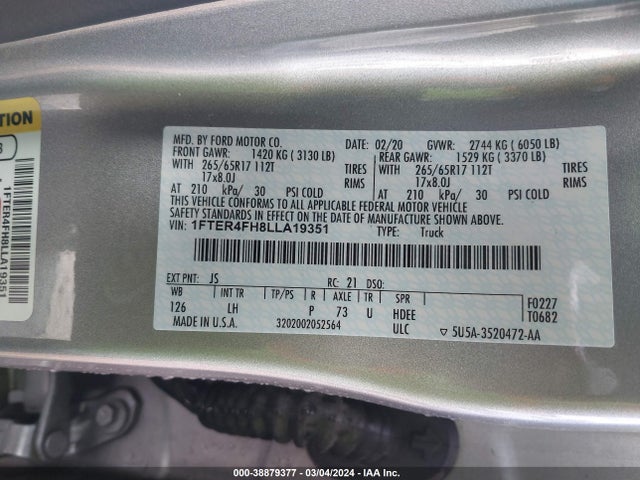 Ford Ranger Xlt 2020 1FTER4FH8LLA19351 Image 9