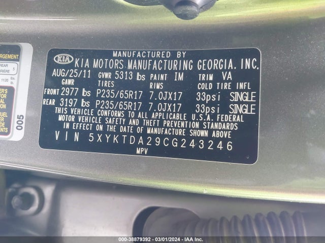 2012 KIA SORENTO LX V6 VIN: 5XYKTDA29CG243246