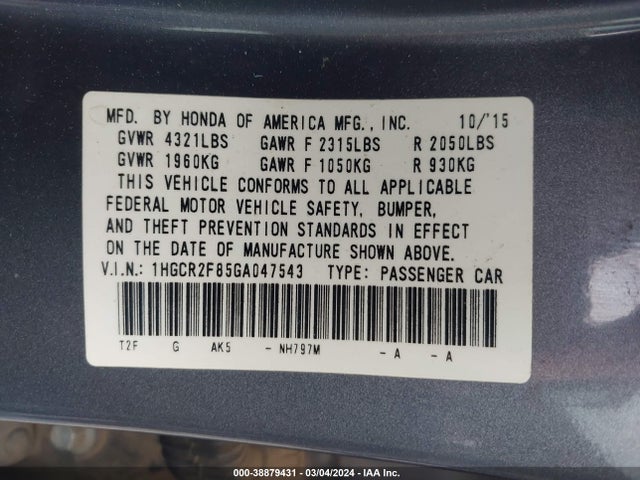 Honda Accord Ex-l 2016 1HGCR2F85GA047543 Image 9