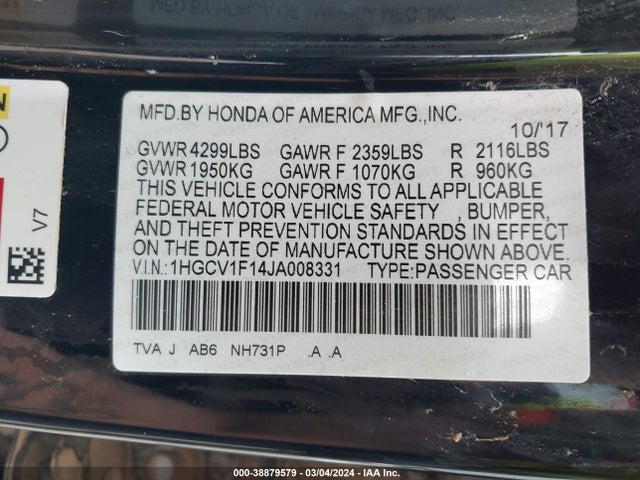 Honda ACCORD LX 2018 1HGCV1F14JA008331 Image 9