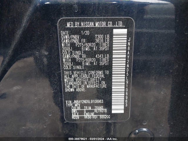Nissan Armada Sl 2wd 2020 JN8AY2ND5L9108963 Image 9