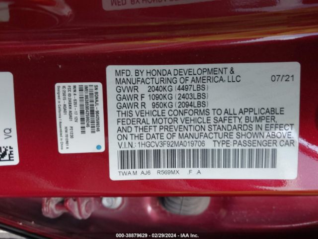 2021 HONDA ACCORD 1HGCV3F92MA019706 Photo 8