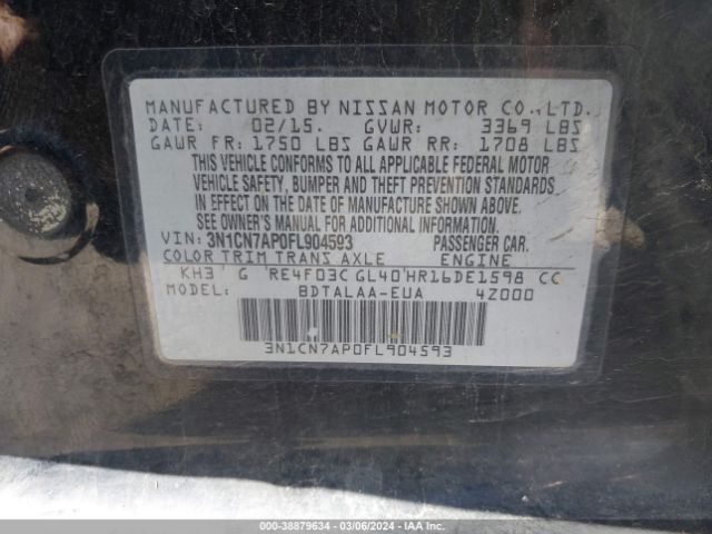3N1CN7AP0FL904593 Nissan Versa 1.6 S