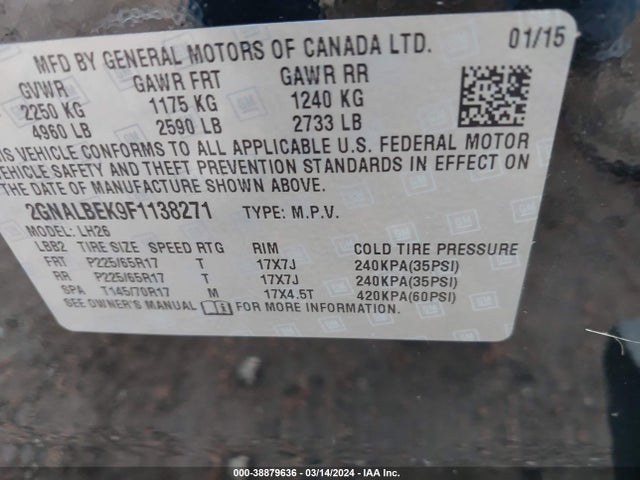 Chevrolet EQUINOX 1LT 2015 2GNALBEK9F1138271 Image 9